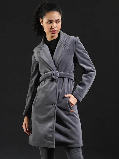 Campus Sutra Women Solid Winter Long Coat In Grey