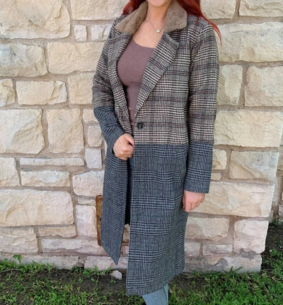 Mystree Plaid Fur Collar Coat In Taupe/grey In Multi