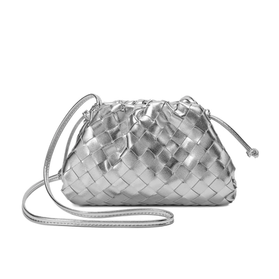 Tiffany & Fred Full Grain Woven Leather Pouch/ Shoulder/ Clutch Bag In Silver