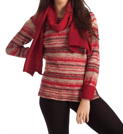 French Kyss Bethany Striped Sweater W/ Scarf In Red Multi