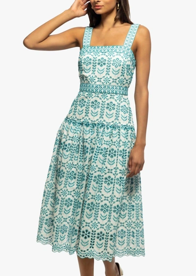 Shoshanna Mirabella Eyelet Embroidered Tiered Midi Dress In Blue