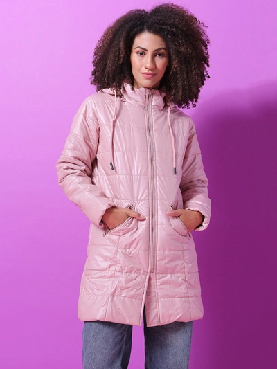 Campus Sutra Women Solid Winter Long Jackets In Pink