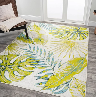Jonathan Y Monstera Tropical Leaves Ivory/green Area Rug In White