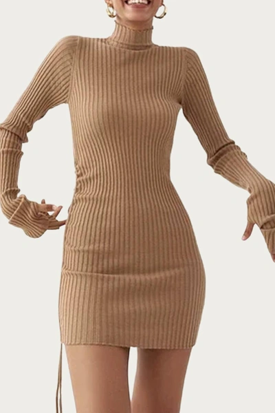 Melody Fashion Ribbed-knit Turtleneck Mini Dress In Camel In Beige