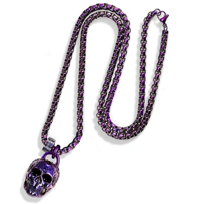 Crucible Jewelry Crucible Los Angeles Blue Stainless Steel 25mm Skull Necklace On 24 Inch 4mm Box Chain In Purple