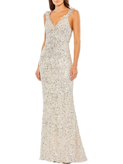 Mac Duggal Womens Sequined Long Sheath Dress In Silver