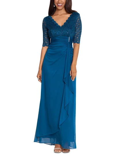 B & A By Betsy And Adam Womens Lace-trim V-neck Evening Dress In Blue