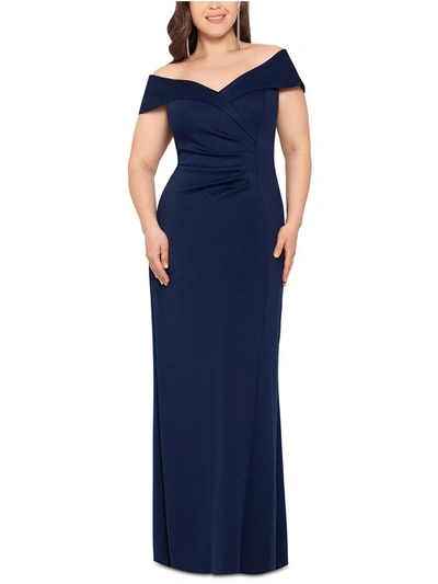X By Xscape Plus Womens Ruched Long Evening Dress In Blue