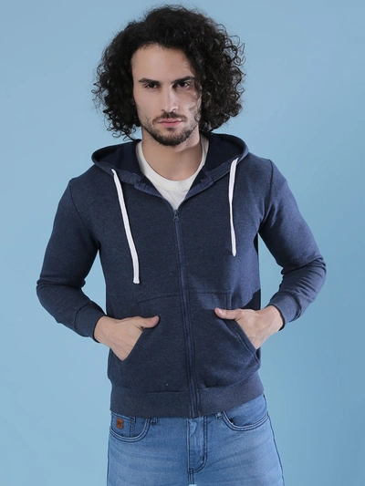 Campus Sutra Men Stylish Solid Casual Zipper With Hooded Sweatshirt In Blue