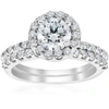 POMPEII3 1 7/8CT HALO DIAMOND ENGAGMENT RING WEDDING SET (1CT CENTER) 14K WHITE GOLD