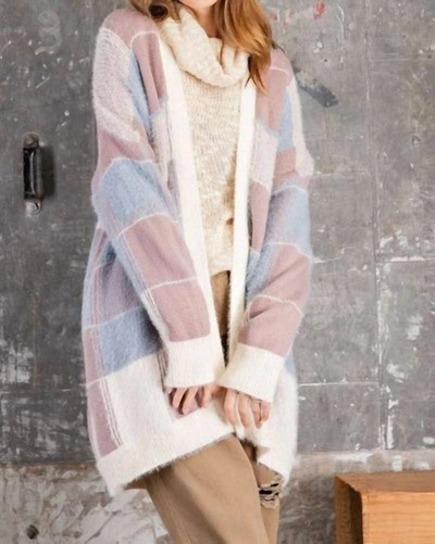Easel Knitted Cardigan In Plaid In White