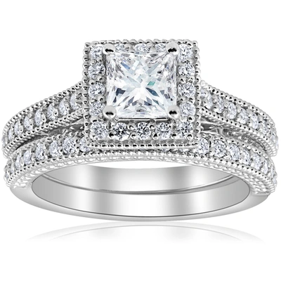 Pompeii3 1 1/2ct Princess Cut Halo Vintage Diamond Engagement Ring 14k White Gold In Multi