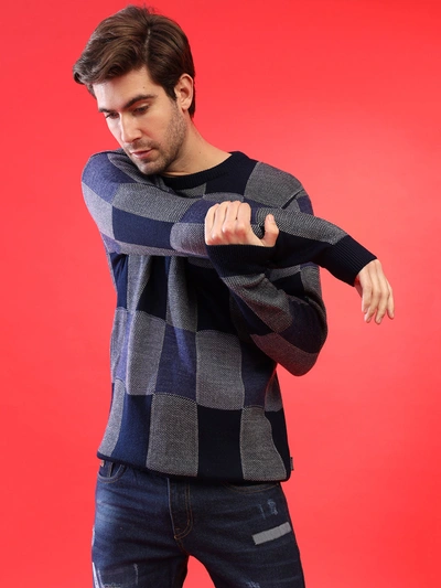 Campus Sutra Men Blue Checked Pullover Sweater