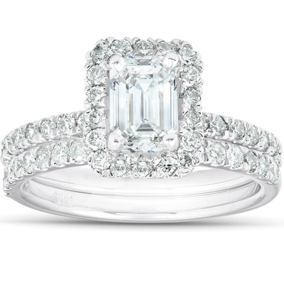 Pompeii3 1 3/4 Ct Emerald Cut Diamond Halo Engagement Wedding Ring Set 14k White Gold In Multi