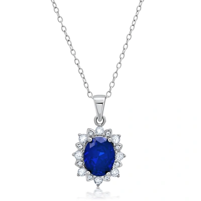 Max + Stone Sterling Silver Gemstone Oval Pendant Necklace With White Topaz Sunburst Halo 9mm X 7mm With 18 Inch In Blue