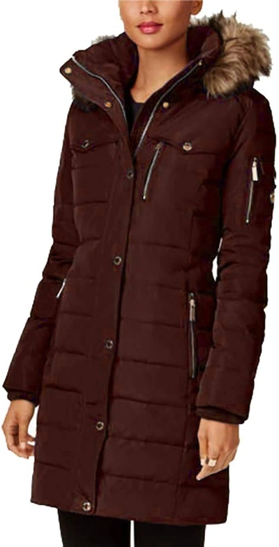Michael Kors 3/4 Down Puffer Faux Fur Hooded Coat In Chocolate Brown