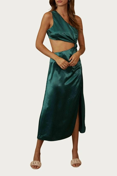Endless Blu. One-shoulder Satin Cutout Midi Dress In Jewel Green