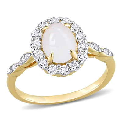 Mimi & Max 1 1/2 Ct Tgw Oval Shape Opal And White Topaz And Diamond Accent Halo Ring In 14k Yellow Gold