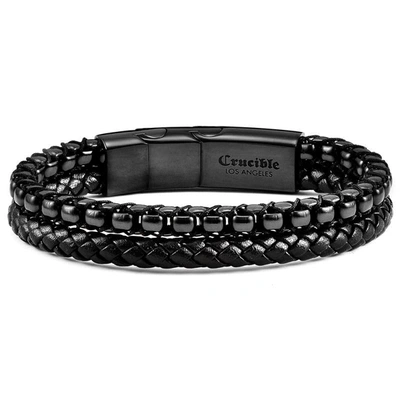 Crucible Jewelry Crucible Los Angeles Black Polished Stainless Steel Black Leather And Box Chain Bracelet