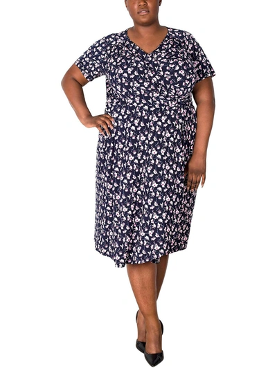 Signature By Robbie Bee Plus Womens Floral Midi Wrap Dress In Blue
