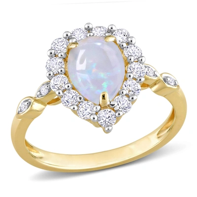 Mimi & Max 1 1/2 Ct Tgw Pear Shape Opal And Created White Sapphire And Diamond Accent Halo Ring In 10k Yellow G