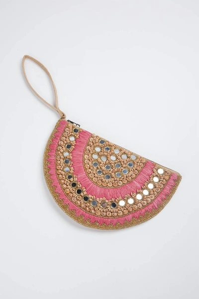 Ethnique Sandia Raffia Clutch Wristlet Bag In Gold/pink In Multi