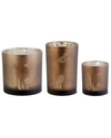 K & K INTERIORS , INC. SET OF 3 FROSTED BROWN GLASS CANDLEHOLDERS WITH PINECONE