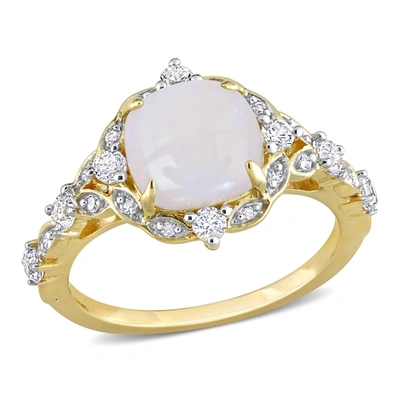 Mimi & Max 1 4/5 Ct Tgw Cushion Cut Opal And Diamond Accent Halo Vintage Design Ring In 10k Yellow Gold In White