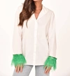 SUNDAYUP FEATHER SLEEVE BUTTON DOWN BLOUSE IN WHITE/GREEN