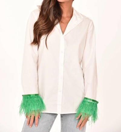 Sundayup Feather Sleeve Button Down Blouse In White/green In Beige