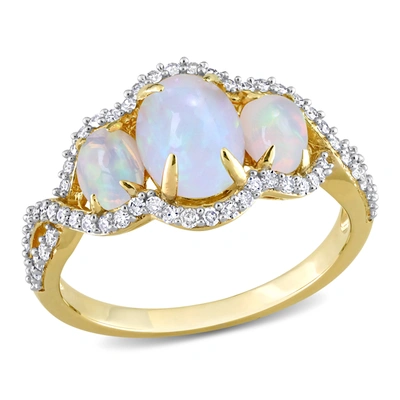 Mimi & Max 1 1/4 Ct Tgw Oval Cut Ethiopian Blue Opal And 1/3 Ct Tw Diamond Halo 3-stone Ring In 10k Yellow Gold In White