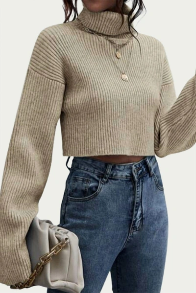 Trend Shop Ribbed-knit Cropped Turtleneck Sweater In Khaki In Beige