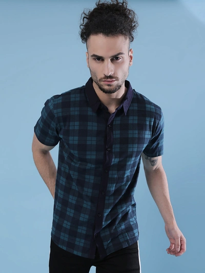 Campus Sutra Men Checkered Casual Spread Shirt In Blue