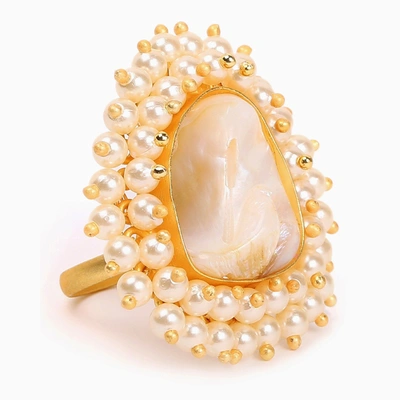 Sohi Gold-toned White Pearl Beaded Jadau Finger Ring In Silver