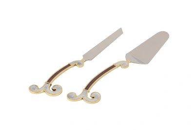 Classic Touch Decor Mes502-br-wh Cake Server And Knife Set Enamel Finish Brown-white