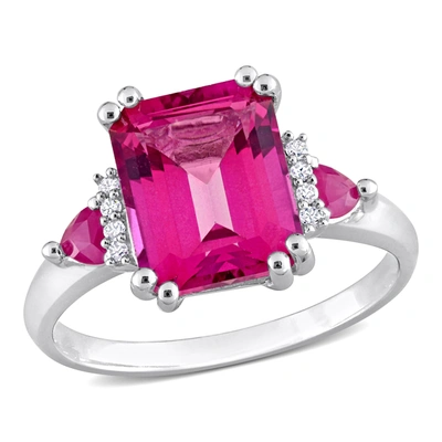 Mimi & Max Womens 4 1/2ct Tgw Octagon-cut Pink Topaz & Trilliant-cut Ruby Diamond Accent 3-stone Ring In Sterli In Red