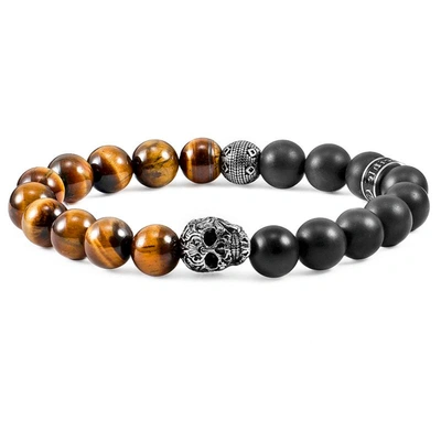 Crucible Jewelry Crucible Los Angeles Single Gold Skull Stretch Bracelet With 10mm Matte Black Onyx And Tiger Eye Bea