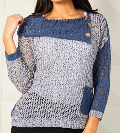 French Kyss Crochet Draped Neck Top In Black/denim In Blue