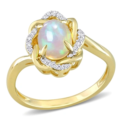Mimi & Max 3/4 Ct Tgw Ethiopian Blue Opal And 1/10 Ct Tw Diamond Swirl Ring In 10k Yellow Gold