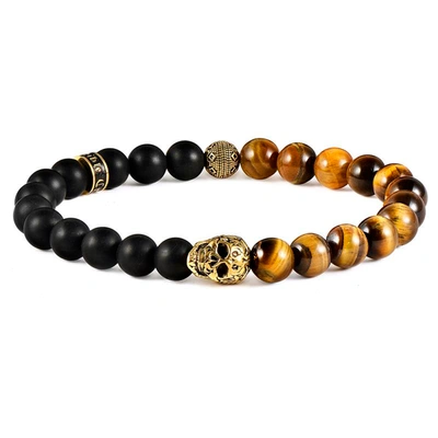 Crucible Jewelry Crucible Los Angeles Single Gold Skull Stretch Bracelet With 8mm Matte Black Onyx And Tiger Eye Bead