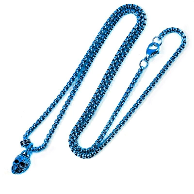 Crucible Jewelry Crucible Los Angeles Blue Stainless Steel 12mm Skull Necklace On 24 Inch 3mm Box Chain
