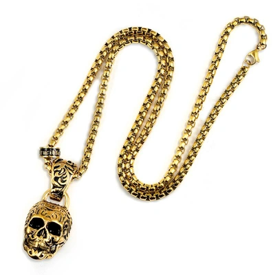 Crucible Jewelry Crucible Los Angeles Gold Stainless Steel 35mm Skull Necklace On 28 Inch 5mm Box Chain