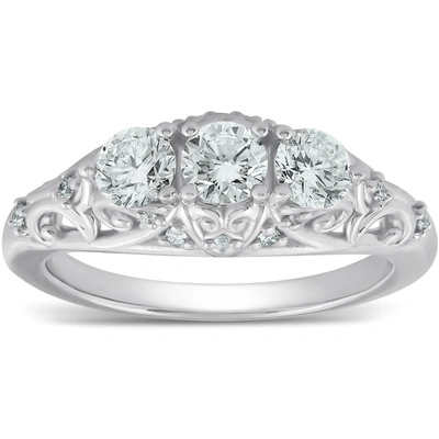 POMPEII3 1CT THREE STONE VINTAGE ENGAGEMENT UNIQUE RING WITH ACCENTS 14K WHITE GOLD