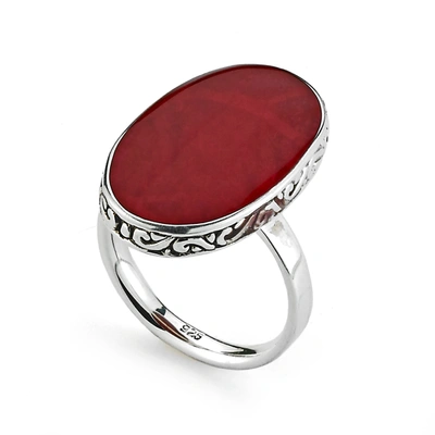 Samuel B Jewelry Sterling Silver Balinese Design Oval Mother Of Pearl Ring In Red