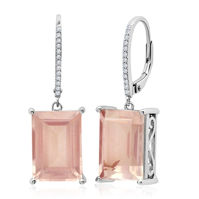 Max + Stone Emerald Cut Gemstone Quartz Dangle White Topaz Detail Leverback Earrings In Sterling Silver (14x10mm In Pink