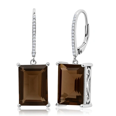 Max + Stone Emerald Cut Gemstone Quartz Dangle White Topaz Detail Leverback Earrings In Sterling Silver (14x10mm In Brown