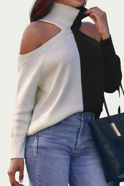 Trend Shop Cold-shoulder Two-tone Turtleneck Sweater In Black/white In Beige