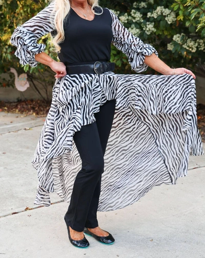 A.z.i. Bodice V Neck Tunic With Zebra Print Sheer Sleeves In Black