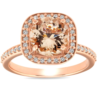 POMPEII3 2 CT MORGANITE & DIAMOND CUSHION HALO ENGAGEMENT RING 14K ROSE GOLD
