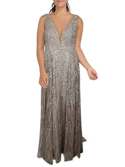 Mac Duggal Womens Embellished Illusion Evening Dress In Silver